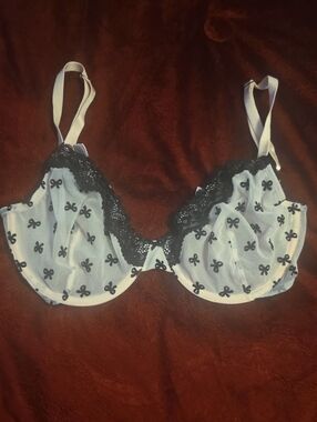 Victoria's Secret Light Pink Mesh Bra with Black Bow Print & Lace Size 34DD